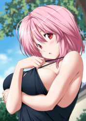 Rule 34 | 1girl, alternate costume, arm under breasts, bare arms, bare shoulders, blush, breasts, commentary request, day, hair between eyes, large breasts, looking at viewer, nori tamago, open mouth, outdoors, pink hair, red eyes, saigyouji yuyuko, short hair, solo, touhou, tree, upper body