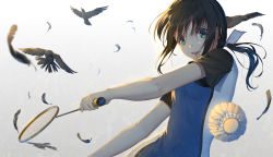 Rule 34 | 10s, 1girl, :d, animal, badminton racket, bird, black hair, blue shirt, blurry, blurry foreground, commentary request, depth of field, feathers, flying, green eyes, hair between eyes, hair ribbon, hanebado!, hanesaki ayano, highres, holding, ji dao ji, long hair, looking at viewer, low ponytail, open mouth, racket, ribbon, round teeth, shirt, short sleeves, shuttlecock, smile, solo, sportswear, teeth, upper teeth only, white ribbon