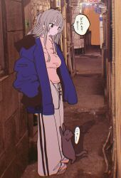 1girl absurdres alley baggy_pants breasts cat character_request closed_mouth copyright_request full_body grey_hair hand_in_pocket hasu highres light_blush long_hair looking_down oversized_jacket pants red_eyes sidelocks speech_bubble standing translation_request