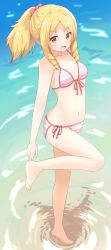 Rule 34 | 10s, 1girl, barefoot, bikini, blonde hair, bow, brown eyes, drill hair, eromanga sensei, front-tie top, full body, hair bow, highres, long hair, looking at viewer, nemsist, open mouth, red bow, side-tie bikini bottom, solo, standing, standing on one leg, striped bikini, striped clothes, swimsuit, yamada elf
