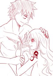 Rule 34 | 1boy, 1girl, hand on another&#039;s head, lineart, mifenami, monkey d. luffy, nami (one piece), one piece, scar, scar on chest, shoulder tattoo, tattoo