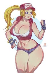 Rule 34 | 1girl, bad id, bad twitter id, bare legs, bare shoulders, black gloves, blonde hair, blue eyes, bokuman, bracelet, breasts, cleavage, clenched hands, collarbone, collared jacket, crop top, cropped jacket, curvy, denim, denim shorts, fingerless gloves, genderswap, genderswap (mtf), gloves, hand up, hat, highres, jacket, jewelry, large breasts, long hair, looking to the side, micro shorts, navel, open mouth, panties, ponytail, red hat, red jacket, red panties, shirt, short shorts, shorts, snk, snk heroines: tag team frenzy, solo, taut clothes, taut shirt, terry bogard, the king of fighters, thick thighs, thighs, underwear, unzipped, wide hips