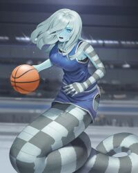 Rule 34 | 1girl, absurdres, ball, basketball, basketball (object), blue eyes, blue sclera, blurry, blurry background, boonie baby, breasts, colored sclera, colored skin, commentary, hair over one eye, highres, hip vent, ivy (sparrowl), lamia, large breasts, long hair, looking at viewer, medium breasts, monster, monster girl, original, scales, solo, sportswear, symbol-only commentary