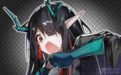 Rule 34 | 1girl, arknights, black coat, black hair, cleavage cutout, clothing cutout, coat, colored skin, commentary request, dragon girl, dragon horns, dusk (arknights), earrings, hair over one eye, highres, horns, jewelry, necktie, off-shoulder coat, off shoulder, open mouth, partial commentary, pointy ears, red eyes, red necktie, rockyroo, solo, surprised, sweatdrop, twitter username, watermark