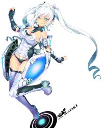 Rule 34 | 1girl, aqua eyes, artist name, ayaki, bare shoulders, black gloves, black panties, blush, boots, breasts, covered navel, crazy kitten, fingerless gloves, gloves, highres, large breasts, leg up, long hair, panties, phantasy star, phantasy star online 2, pointy ears, simple background, smile, solo, thigh boots, thighhighs, twintails, underwear, very long hair, white background, white hair, white thighhighs
