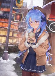 Rule 34 | 1girl, absurdres, alternate costume, azur lane, bag, blue hair, coffee cup, cup, disposable cup, handbag, hat, helena (azur lane), highres, jacket, kyl490, long hair, looking at viewer, open mouth, road, snow, solo, street, traffic light