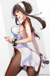 Rule 34 | 1girl, :d, alternate costume, artist name, ass, back cutout, backless dress, backless outfit, bag, black hair, blush, bracelet, braid, breasts, brown pantyhose, china dress, chinese clothes, clothing cutout, commentary, contrapposto, crown braid, dress, earrings, floating hair, from side, gold earrings, gold trim, hairband, handbag, holding, holding bag, hong (white spider), jewelry, large breasts, looking to the side, open mouth, pantyhose, patreon username, red eyes, short dress, short sleeves, sidelocks, signature, smile, solo, spiked bracelet, spikes, spy x family, white hairband, yor briar