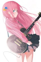 Rule 34 | 1girl, absurdres, bare legs, blue eyes, bocchi the rock!, cowboy shot, cube hair ornament, darr1o, electric guitar, gibson les paul, gotoh hitori, grey skirt, guitar, hair ornament, highres, instrument, jacket, long hair, miniskirt, pink hair, pink jacket, pleated skirt, simple background, skirt, solo, track jacket, white background