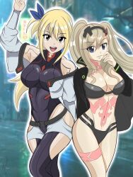 Rule 34 | 2girls, blonde hair, blue eyes, breasts, cleavage, cosplay, cyberpunk (series), cyberpunk edgerunners, eden&#039;s zero, fairy tail, highres, large breasts, long hair, looking at viewer, lucy (cyberpunk) (cosplay), lucy heartfilia, multiple girls, navel, open mouth, ponytail, rebecca (cyberpunk) (cosplay), rebecca bluegarden, smile, twintails