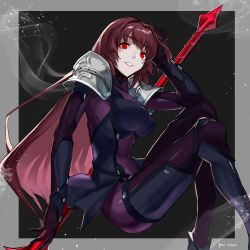 Rule 34 | armor, artist name, bodysuit, breasts, covered erect nipples, covered navel, fate/grand order, fate (series), gae bolg (fate), hair intakes, hand in own hair, highres, holding, holding weapon, impossible bodysuit, impossible clothes, large breasts, long hair, looking at viewer, open mouth, pauldrons, polearm, purple bodysuit, purple hair, razu (rus), red eyes, scathach (fate), shoulder armor, simple background, sitting, smile, smoke, solo, spear, weapon