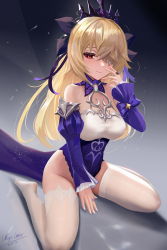 Rule 34 | 1girl, blonde hair, blush, bow, breasts, choker, closed mouth, dated, detached sleeves, dress, dutch angle, eyepatch, fischl (ein immernachtstraum) (genshin impact), fischl (genshin impact), genshin impact, groin, hair over one eye, hand up, highres, jewelry, large breasts, looking at viewer, meginalter, no panties, no shoes, official alternate costume, purple bow, red eyes, ring, signature, sitting, smile, solo, thighhighs, thighs, tiara, two-tone dress, wariza, white thighhighs