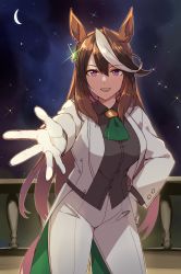 Rule 34 | 1girl, animal ears, ascot, balcony, black shirt, brown hair, coat, crescent moon, earrings, formal, gloves, green ascot, hair between eyes, hand on own hip, highres, horse ears, horse girl, jewelry, kusanagi kaoru, long coat, long hair, looking at viewer, moon, multicolored hair, night, open mouth, outstretched arm, outstretched hand, pants, purple eyes, reaching, reaching towards viewer, shirt, single earring, sky, smile, solo, sparkle, star (sky), starry sky, streaked hair, symboli rudolf (umamusume), umamusume, white coat, white gloves, white pants