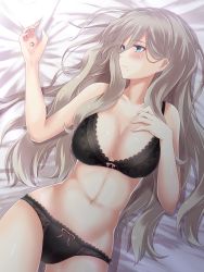 Rule 34 | 1girl, absurdres, bare shoulders, bed sheet, black bra, black panties, blue eyes, blush, bra, breasts, cleavage, collarbone, grey hair, groin, hair between eyes, hand up, highres, holding, holding jewelry, holding ring, jewelry, kantai collection, koumei (twinameless), lace, lace-trimmed bra, lace-trimmed panties, lace trim, large breasts, lingerie, long hair, lying, mole, mole under eye, mole under mouth, navel, on back, panties, ribbon-trimmed bra, ribbon-trimmed panties, richelieu (kancolle), ring, sidelocks, smile, solo, stomach, underwear, underwear only, unworn jewelry