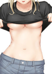 Rule 34 | 1girl, :p, blonde hair, breasts, clothes lift, denim, head out of frame, highres, jeans, lifted by self, midriff, navel, niwatazumi, no bra, original, pants, shirt, shirt lift, simple background, sketch, solo, stomach, tongue, tongue out, underboob
