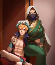 Rule 34 | 1boy, 1girl, abs, arabian clothes, blonde hair, bracelet, breasts, brown hair, chair, cleavage, commentary request, cropped vest, dress, earrings, fate/grand order, fate (series), gilgamesh, gilgamesh (caster) (fate), gilgamesh (fate), green dress, grey eyes, high collar, highres, holding person, hoop earrings, horns, jewelry, large breasts, long hair, mouth veil, muscular, necklace, neckwear request, red eyes, ring, siduri (fate), sitting, smile, turban, twoteeth, veil, vest, white hood