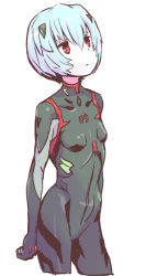 Rule 34 | 1girl, arms at sides, ayanami rei, black bodysuit, blue hair, bodysuit, breasts, closed mouth, collarbone, commentary request, cowboy shot, evangelion: 3.0 you can (not) redo, expressionless, hair between eyes, hairpods, interface headset, looking up, neon genesis evangelion, plugsuit, rebuild of evangelion, red eyes, short hair, simple background, sketch, skin tight, small breasts, solo, standing, tonmoh, white background