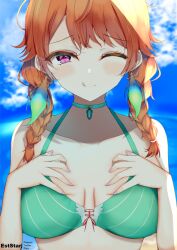 Rule 34 | 1girl, ;q, aties20, bare arms, bare shoulders, bikini, blue choker, blue sky, braid, breasts, breasts apart, choker, closed mouth, cloud, cloudy sky, collarbone, commentary request, day, green bikini, hands on own chest, hands up, hololive, hololive english, long hair, looking at viewer, medium breasts, nail polish, one eye closed, orange hair, outdoors, pink nails, purple eyes, sky, solo, striped bikini, striped clothes, swimsuit, takanashi kiara, takanashi kiara (casual), tongue, tongue out, twin braids, upper body, virtual youtuber, water