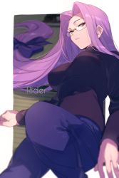 Rule 34 | 1girl, black sweater, blue pants, breasts, denim, echo (circa), fate/stay night, fate (series), female focus, forehead, glasses, jeans, large breasts, long hair, looking at viewer, matching hair/eyes, medusa (fate), medusa (rider) (fate), pants, parted bangs, parted lips, purple eyes, purple hair, sidelocks, solo, sweater, turtleneck, turtleneck sweater, very long hair