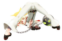 Rule 34 | 1girl, ankh, ass, ball and chain restraint, belt, between breasts, blonde hair, bodysuit, breasts, chain, cleavage, gloves, guilty gear, guilty gear xrd, halo, highres, jack-o&#039; valentine, long hair, looking at viewer, looking back, multicolored hair, red eyes, red hair, shoes, simple background, solo, tight clothes, top-down bottom-up, two-tone hair, un (le monde-alternatif), underboob, white background