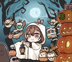 Rule 34 | 1girl, :&gt;, :d, ahoge, animal (nanashi mumei), bandages, bare tree, bird, boomei (nanashi mumei), braid, braided bangs, brown eyes, brown hair, candy, clipe, closed eyes, dagger, fake antennae, food, friend (nanashi mumei), full moon, ghost costume, halloween, halloween bucket, halloween costume, hat, hololive, hololive english, hooman (nanashi mumei), hootsie (nanashi mumei), jack-o&#039;-lantern, knife, lantern, lollipop, mask, moon, multicolored hair, nanashi mumei, nanashi mumei&#039;s horror painting, open mouth, owl, short hair, sky, smile, star (sky), starry sky, streaked hair, tree, virtual youtuber, weapon, witch hat