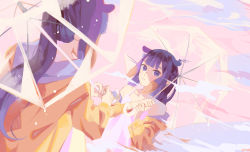 Rule 34 | 1girl, blunt bangs, camisole, coat, collarbone, commentary, different reflection, ellie niunai zhuyi zhe, english commentary, gradient hair, highres, holding, holding umbrella, hololive, hololive english, long hair, looking at viewer, multicolored hair, ninomae ina&#039;nis, open clothes, open coat, orange hair, parted lips, pink camisole, ponytail, purple eyes, purple hair, rain, reflection, reflective water, signature, solo, tentacle hair, transparent, transparent umbrella, umbrella, virtual youtuber, yellow coat