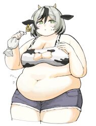 1girl 7sufyfhysfsdkn0 animal_ears animal_print belly black_hair blush borrowed_character breasts cleavage_cutout clothing_cutout cow_ears cow_girl cow_horns cow_print cow_print_bra cutoffs ear_tag fat fat_rolls fat_woman green_eyes hand_on_own_chest horns medium_breasts midriff multicolored_hair navel original pastry_bag plump short_hair short_shorts shorts solo sports_bra standing sweat thick_thighs thighs two-tone_hair white_background white_hair