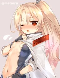 Rule 34 | 1girl, ;o, azur lane, bad id, bad pixiv id, black gloves, blonde hair, blue jacket, blush, breasts, brown background, cape, capelet, center opening, cleavage, cleveland (azur lane), commentary request, covered erect nipples, fingerless gloves, flying sweatdrops, gloves, hair between eyes, high ponytail, jacket, light brown hair, long hair, looking at viewer, looking to the side, mashiro miru, navel, nose blush, one eye closed, one side up, ponytail, red eyes, sideboob, simple background, sleeves pushed up, small breasts, solo, twitter username, very long hair, white cape