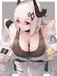 Rule 34 | 1girl, arknights, breasts, cleavage, demon horns, downblouse, earrings, facing viewer, hanging breasts, highres, horns, infection monitor (arknights), jewelry, jumpsuit, kakakaeru, large breasts, leaning forward, looking to the side, mudrock (arknights), open clothes, pointy ears, red eyes, shirt, sleeveless, sleeveless shirt, solo, sweat, undressing, white hair, white jumpsuit