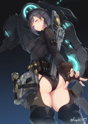 Rule 34 | 1girl, aqua eyes, ass, black hair, breasts, earrings, final fantasy, final fantasy xiv, fingerless gloves, gloves, gun, hat, highres, hyur, jewelry, large breasts, looking at viewer, machinist (final fantasy), md5 mismatch, nanahara fuyuki, resolution mismatch, robot, short hair, source larger, thighhighs, weapon, wrench