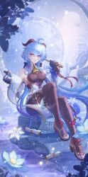 Rule 34 | 1girl, ahoge, bare shoulders, bell, black gloves, blue hair, bodystocking, breasts, chinese knot, cowbell, detached sleeves, flower knot, full body, ganyu (genshin impact), genshin impact, glaze lily, gloves, goat horns, gold trim, highres, holding, holding paper, holding scroll, holding umbrella, horns, leotard, leotard under clothes, long hair, looking at viewer, manyuchapaofan93687, medium breasts, neck bell, paper, purple eyes, scroll, sidelocks, sitting, smile, solo, thighlet, umbrella, white sleeves