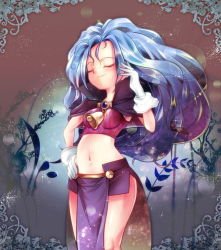Rule 34 | 1girl, bell, blue hair, blurry, bokeh, breasts, capelet, cowboy shot, depth of field, closed eyes, gloves, hand on own hip, light smile, loincloth, long hair, medium breasts, midriff, navel, no headwear, no headwear, other life: azure dreams, sawamura aoi, selfi rode, solo, standing, white gloves