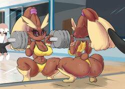 1boy 1girl :3 abs absurdres animal_ears ass black_sclera blush breasts bulge cleavage closed_mouth colored_sclera covered_erect_nipples creatures_(company) erection erection_under_clothes exercising from_behind furry game_freak gen_4_pokemon gym highres huge_ass indoors large_breasts lopunny lotikmac mirror narrow_waist navel nintendo pink_eyes pokemon pokemon_(creature) rabbit_ears reflection smile sports_bra sportswear squatting surprised sweat thong weightlifting