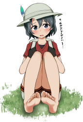 Rule 34 | 10s, 1girl, backpack, bag, barefoot, black hair, bucket hat, feathers, feet, foot focus, foreshortening, gloves, hat, hat feather, highres, kaban (kemono friends), kemono friends, no legwear, satou (su9arsatou), shirt, short hair, shorts, sitting, soles, solo, source quote parody, toes, translated