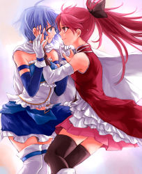 Rule 34 | 10s, 2girls, bad id, bad pixiv id, blue eyes, blue hair, cape, eye contact, gloves, hand on another&#039;s face, highres, imminent kiss, long hair, looking at another, magical girl, mahou shoujo madoka magica, mahou shoujo madoka magica (anime), miki sayaka, mishima ssuru, multiple girls, ponytail, red eyes, red hair, sakura kyoko, short hair, tears, thighhighs, yuri