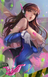 Rule 34 | 1girl, blush, bodysuit, breasts, breasts out, brown hair, censored, character name, covering nipples, covering privates, cube, d.va (overwatch), embarrassed, facial mark, gloves, headphones, heart, heart censor, highres, karasu kame ex, large breasts, long hair, open mouth, overwatch, overwatch 1, pilot suit, ribbed bodysuit, solo, undressing, whisker markings, white gloves