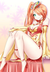 Rule 34 | 1girl, bare legs, breasts, chinese clothes, cleavage, cleavage cutout, clothing cutout, detached sleeves, green eyes, hair over one eye, high heels, highres, leilan (p&amp;d), leiran (p&amp;d), minato yoshihiro, puzzle &amp; dragons, red hair, side ponytail, smile, solo
