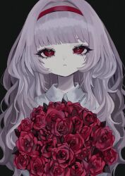 Rule 34 | 1girl, :&lt;, black background, blunt bangs, bouquet, closed mouth, eyelashes, flower, hairband, highres, holding, holding bouquet, long hair, looking at viewer, mole, mole under eye, original, purple hair, red eyes, red flower, red hairband, red rose, revision, rose, shiona (siona0625), simple background, solo, straight-on, upper body, wavy hair