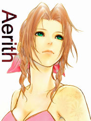 Rule 34 | 1990s (style), 1girl, aerith gainsborough, bad id, bad pixiv id, bare shoulders, bow, braid, breasts, brown hair, camisole, character name, cleavage, cs-zero, final fantasy, final fantasy vii, flower, green eyes, hair ribbon, long hair, obnoxious watermark, pink bow, ribbon, solo, twin braids