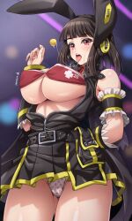 Rule 34 | 1girl, animal ear headphones, animal ears, arm behind back, armband, bare shoulders, beatmania, beatmania iidx, belt, belt pouch, black belt, black hair, black skirt, blunt bangs, blurry, blurry background, breasts, cameltoe, candy, commentary, commission, covered erect nipples, dated, fake animal ears, food, frilled armband, frills, gluteal fold, hand up, headphones, highres, hinazuki ririna, holding, holding candy, holding food, holding lollipop, large breasts, linea alba, lollipop, looking to the side, open clothes, open mouth, panties, pleated skirt, polka dot, polka dot panties, pouch, rabbit ears, red eyes, saliva, saliva trail, skeb commission, skirt, solo, thick thighs, thighs, tongue, tongue out, underboob, underwear, yoohi, zipper, zipper pull tab