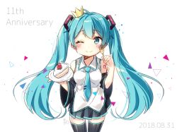 Rule 34 | 1girl, ;), anniversary, bad id, bad pixiv id, bare shoulders, black skirt, black thighhighs, blue hair, blue necktie, blush, breasts, cake, cake slice, closed mouth, collared shirt, commentary request, crown, dated, detached sleeves, fingernails, food, fork, green eyes, hair between eyes, hatsune miku, holding, holding fork, holding plate, lips, long hair, long sleeves, mini crown, moong gya, necktie, one eye closed, pinky out, plate, pleated skirt, shirt, skirt, small breasts, smile, solo, thighhighs, tie clip, twintails, very long hair, vocaloid, white background, white shirt, wide sleeves