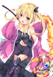 Rule 34 | 1girl, bare shoulders, black dress, black thighhighs, blonde hair, blurry, blush, breasts, collarbone, cowboy shot, dress, fire, from above, hair between eyes, hair ornament, hinata yuu (atelierhinata), holding, long hair, looking at viewer, navel, off shoulder, open mouth, orb, orbit, original, purple eyes, pyrokinesis, sitting, small breasts, solo, thighhighs, twintails, very long hair, zettai ryouiki