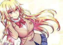 Rule 34 | + +, 1girl, blazer, blonde hair, blue skirt, blurry, blush, bokeh, bow, bowtie, breasts, chain, colorized, commentary, depth of field, derivative work, dutch angle, english commentary, gloves, gold chain, hair between eyes, hand in own hair, highres, jacket, large breasts, long hair, looking at viewer, comic panel redraw, plaid, plaid skirt, pleated skirt, red bow, ribbon, school uniform, shirt, shokuhou misaki, skirt, smile, solo, sparkle, toaru kagaku no mental out, toaru kagaku no railgun, toaru majutsu no index, tokiwadai school uniform, trebas, white gloves, yellow eyes