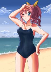 Rule 34 | 1girl, absurdres, arm on own head, arm up, bang dream!, beach, blue eyes, breasts, female focus, gomuningen, hair ornament, hair ribbon, highres, long hair, medium breasts, one-piece swimsuit, one eye closed, outdoors, pink hair, ponytail, ribbon, school swimsuit, solo, standing, sweat, swimsuit, yamabuki saya