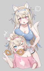 Rule 34 | 2girls, absurdres, animal ears, bandaid, bandaid hair ornament, blue eyes, blue hair, blue shirt, blush, breasts, cross hair ornament, crumbs, dog ears, dog girl, dog tail, eating, food, food in mouth, fuwawa abyssgard, grey background, hair ornament, hairclip, highres, holding, holding food, hololive, hololive english, large breasts, mococo abyssgard, multicolored hair, multiple girls, one eye closed, open mouth, orenji (user fknw7775), pink eyes, pink hair, pink skirt, shirt, siblings, simple background, sisters, skirt, streaked hair, tail, two side up, virtual youtuber