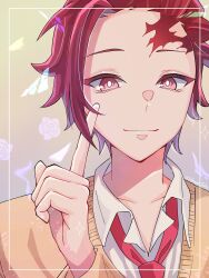 Rule 34 | 1boy, absurdres, brown sweater, closed mouth, collarbone, collared shirt, commentary, commentary request, dress shirt, flower, highres, index finger raised, kamado tanjirou, kimetsu no yaiba, long sleeves, looking at viewer, male focus, necktie, red eyes, red hair, red necktie, rose, school uniform, shirt, short hair, solo, sparkle, sweater, tsukuno tsuki, twitter username, upper body, white shirt