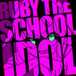Rule 34 | 1girl, abstract, azukilib, character name, chromatic aberration, english text, female focus, green eyes, hand up, happy, kurosawa ruby, looking at viewer, love live!, love live! sunshine!!, monochrome, open mouth, purple theme, sidelocks, sketch, smile, solo, spot color, sweat, text focus, upper body, v-shaped eyebrows