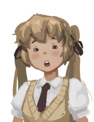 Rule 34 | 1girl, animated, animated gif, blush stickers, brown hair, constricted pupils, doyora, hair ribbon, long hair, necktie, ribbon, solo, sweater vest, talking, twintails, upper body