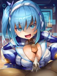 Rule 34 | 1boy, 1girl, blue eyes, blue hair, blush, breasts, censored, clothed female nude male, clothed sex, cum, cum on body, cum on breasts, cum on upper body, ejaculation, highres, hoqn, large breasts, large penis, long hair, lying, mega man (series), mega man x (series), mega man x dive, mosaic censoring, nipples, nude, open mouth, paizuri, paizuri under clothes, penis, pov, rico (mega man), smile