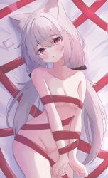 Rule 34 | 1girl, animal ears, blush, bow, character request, condom, copyright request, fox ears, highres, light blush, long hair, parted lips, red eyes, ribbon, sirotuki ito, solo, stomach, thigh gap, thighs, very long hair, white hair