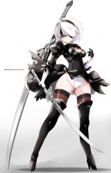 Rule 34 | 1girl, black footwear, black gloves, black leotard, black thighhighs, blindfold, boots, breasts, cleavage, commentary request, copyright name, facing viewer, full body, gloves, gluteal fold, gradient background, groin, high heel boots, high heels, highres, holding, holding sword, holding weapon, karukan (monjya), katana, legs, legs apart, leotard, medium breasts, nier (series), nier:automata, puffy sleeves, revision, short hair, solo, standing, sword, thighhighs, thighs, weapon, white hair, wide hips, 2b (nier:automata)